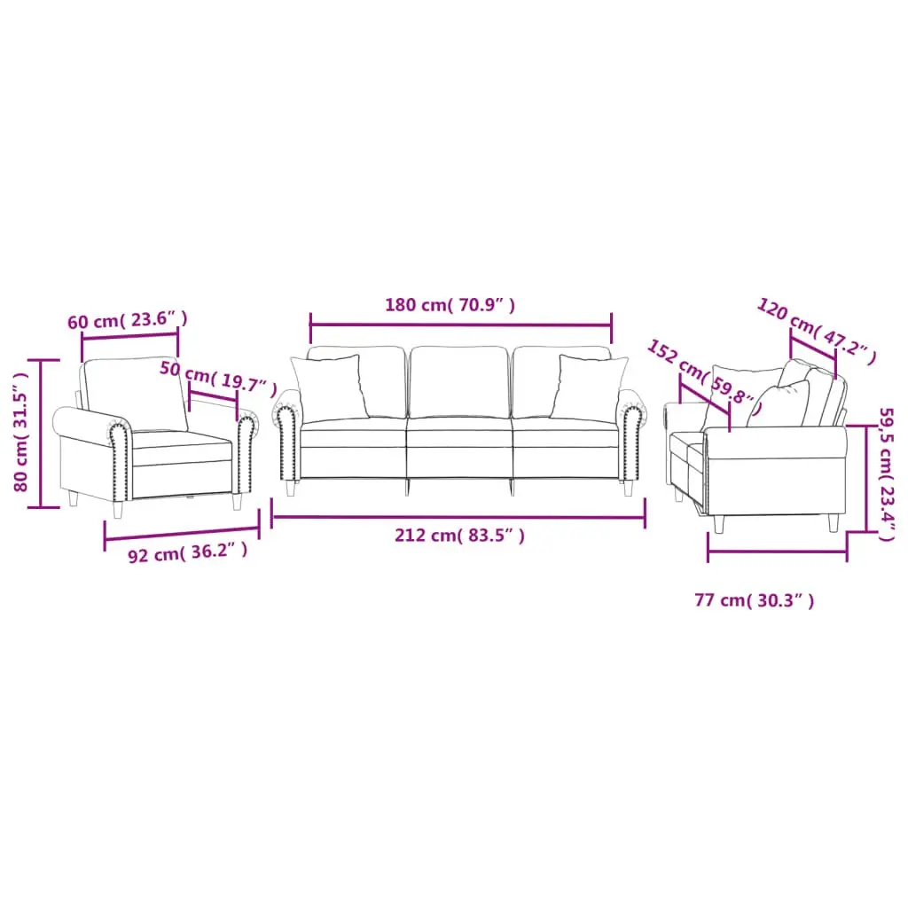 3 Piece Sofa Set Grey Velvet Upholstery Plywood and Metal Frame