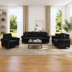 Elegant 3 Piece Black Velvet Sofa Set with Cushions