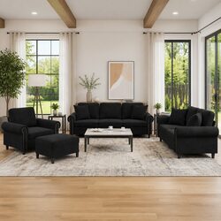 4 Piece Velvet Sofa Set with Pillows and Footstool