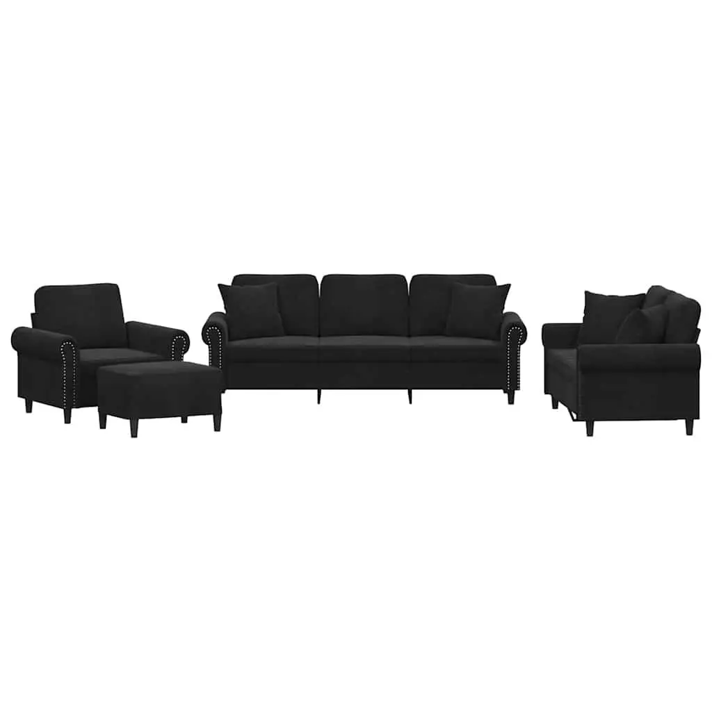 Sofa Set Black Velvet 4 Piece Living Room Couch with Throw Pillows and Footstool