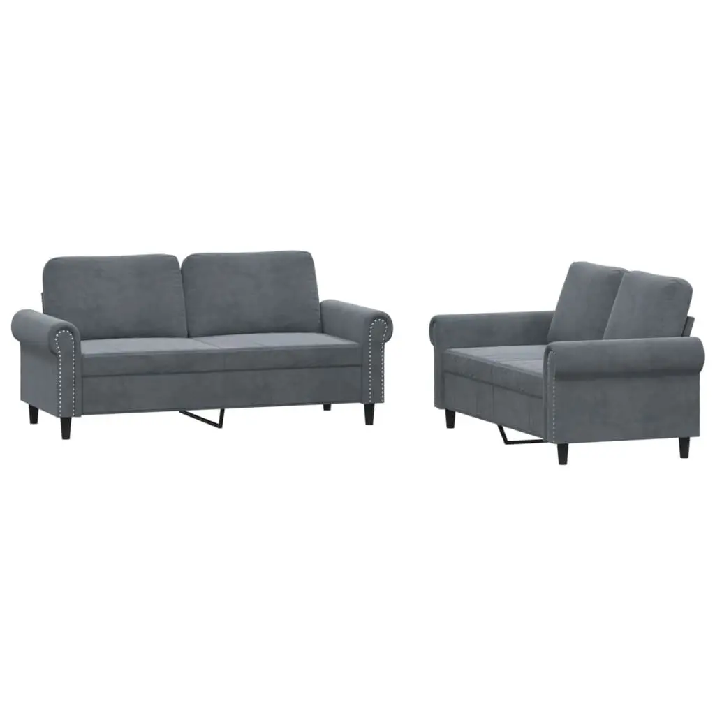2 Piece Sofa Set Grey Velvet Cushions Comfortable Living Room Seating Furniture
