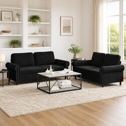 Elegant Black Velvet 2 Piece Sofa Set with Cushions