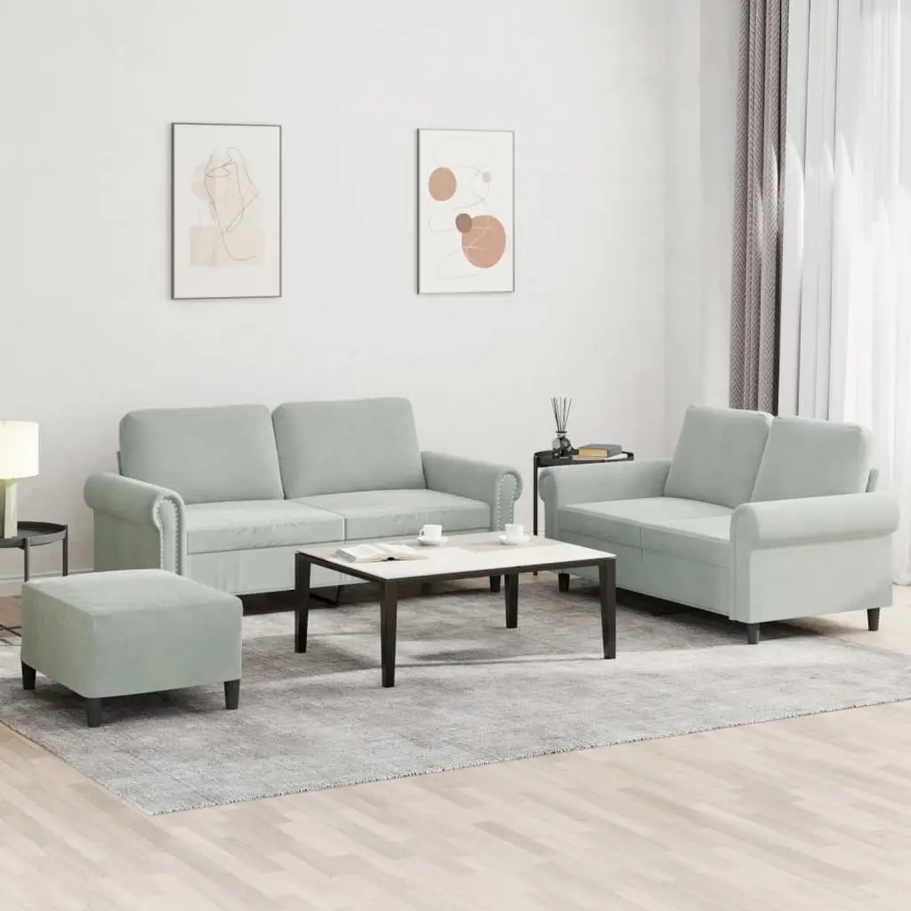 3 Piece Sofa Set with Footstool Grey Velvet Lounge Suite Living Room Furniture