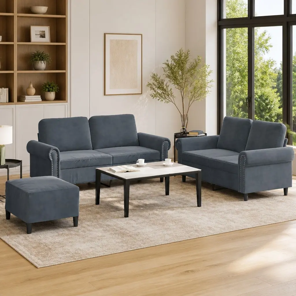 3 Piece Sofa Set Grey Velvet Lounge Suite Compact Size Upholstered with Footstool