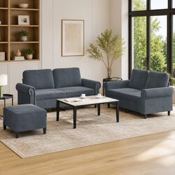 Grey Velvet 3 Piece Sofa Set with Footstool