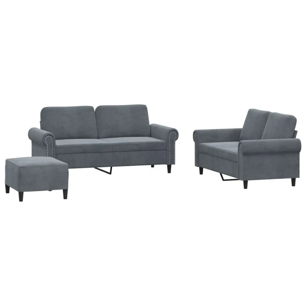 3 Piece Sofa Set Grey Velvet Lounge Suite Compact Size Upholstered with Footstool