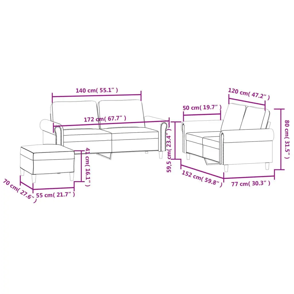 3 Piece Sofa Set Grey Velvet Lounge Suite Compact Size Upholstered with Footstool