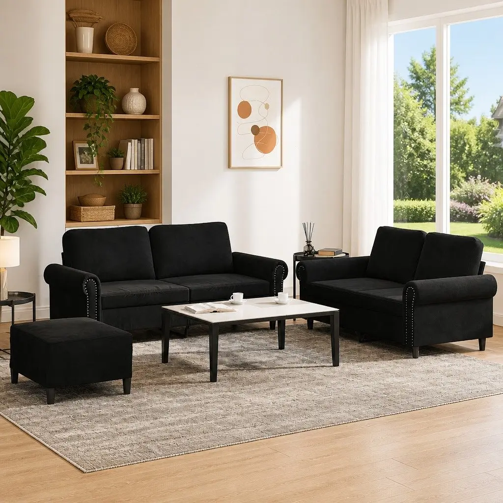 3 Piece Sofa Set Black Velvet Living Room Furniture Couch