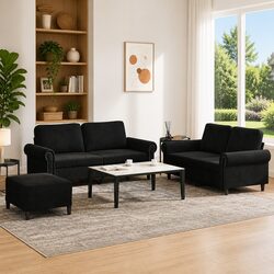 Black Velvet 3 Piece Sofa Set with Cushions