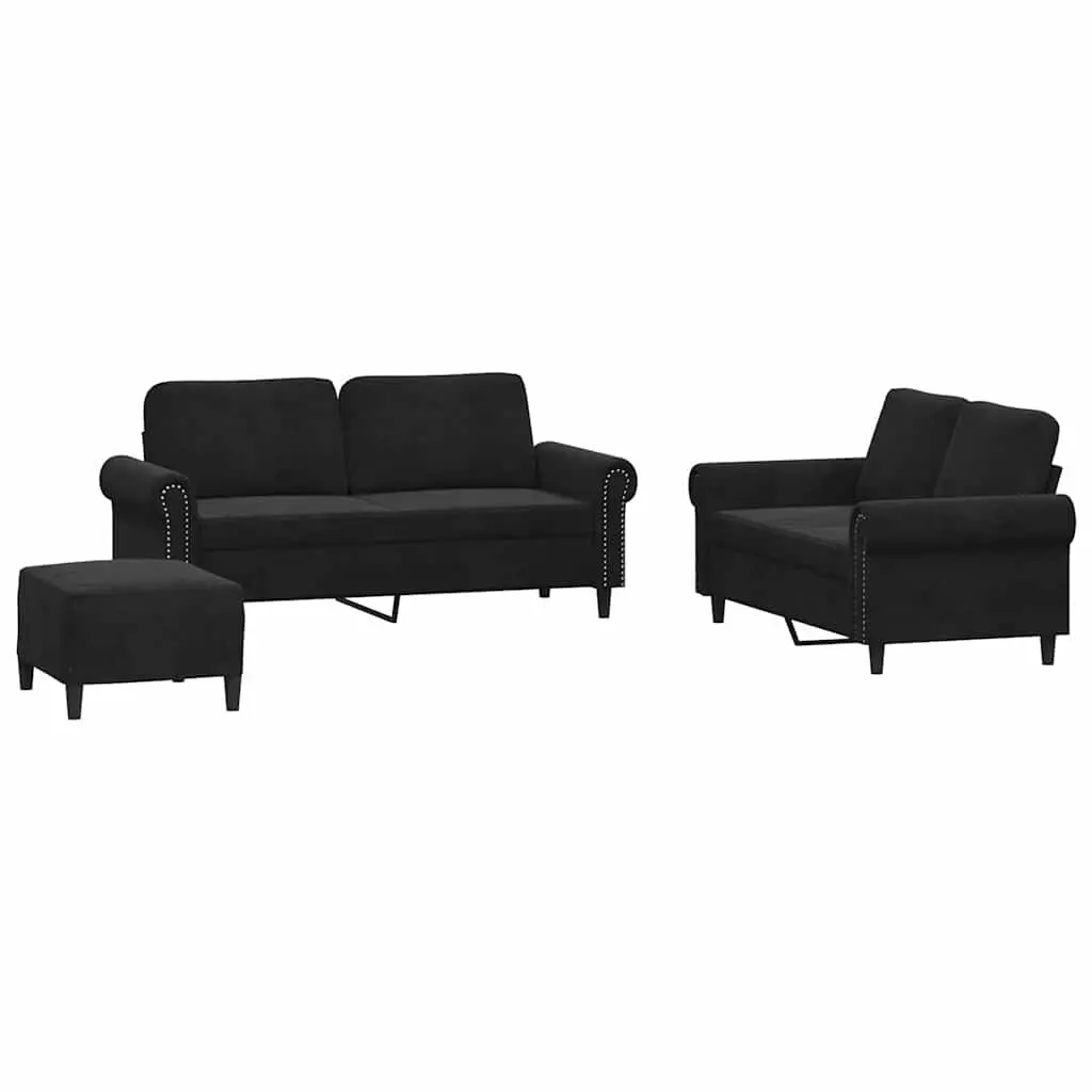 3 Piece Sofa Set Black Velvet Living Room Furniture Couch