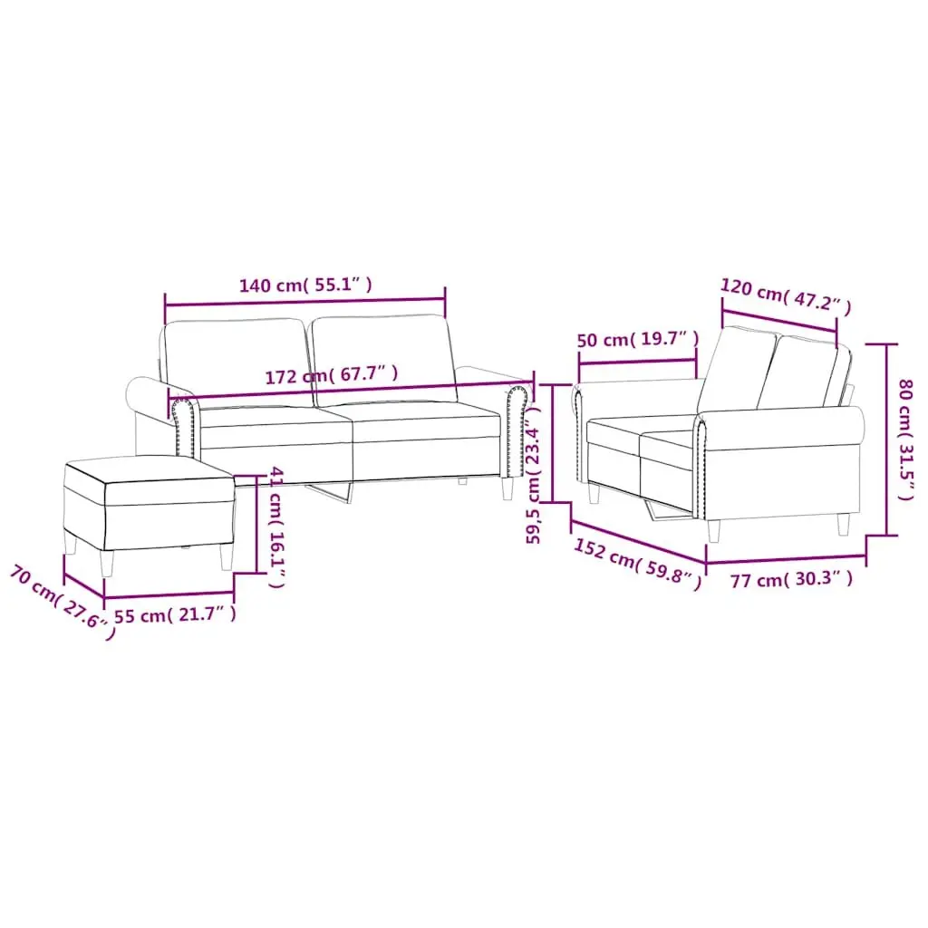 3 Piece Sofa Set Black Velvet Living Room Furniture Couch