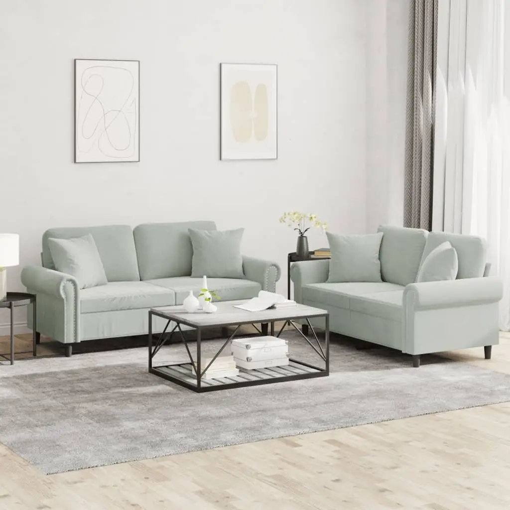 2 Piece Sofa Set Grey Velvet with Pillows Comfortable Sectional Living Room