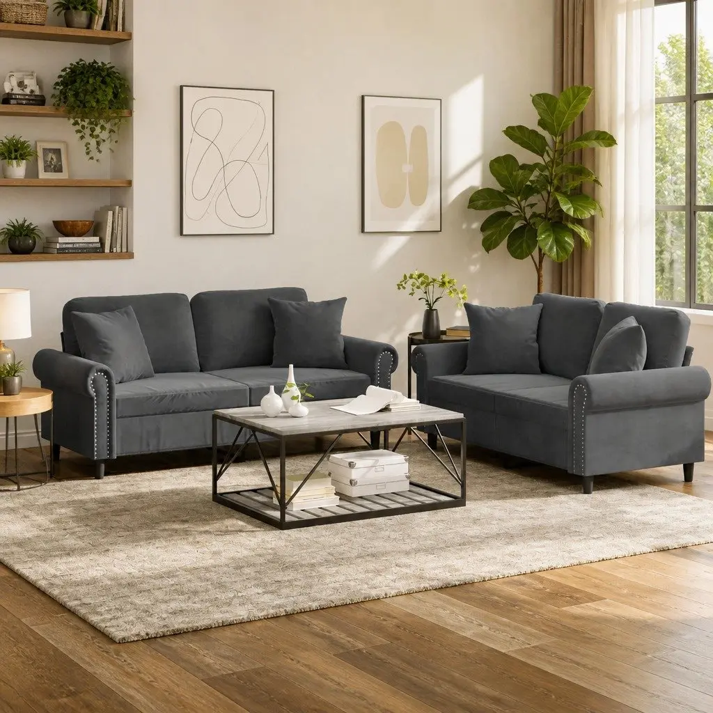Sofa Set Grey Velvet 2 Piece Living Room Furniture