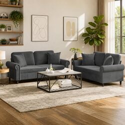 Elegant Grey Velvet 2 Piece Sofa Set with Pillows