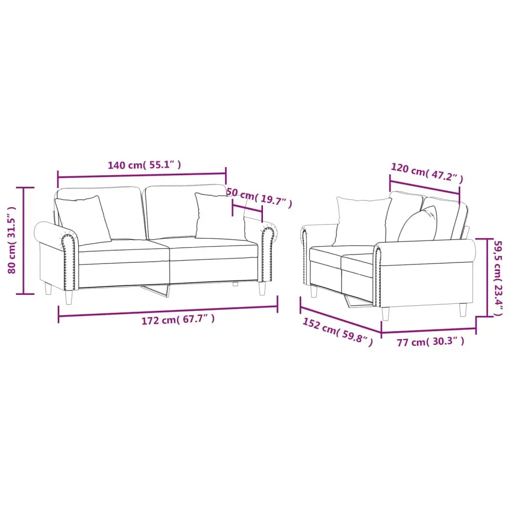 Sofa Set Grey Velvet 2 Piece Living Room Furniture