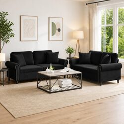 2 Piece Black Velvet Sofa Set with Cushions
