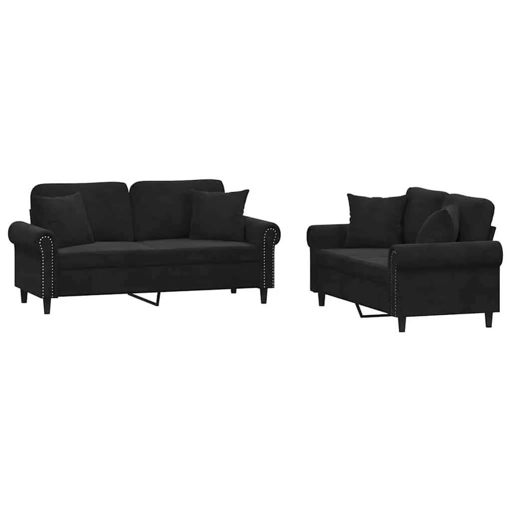 Black Velvet Couch Set 2 Piece Living Room Furniture Soft Upholstery with Throw Pillows