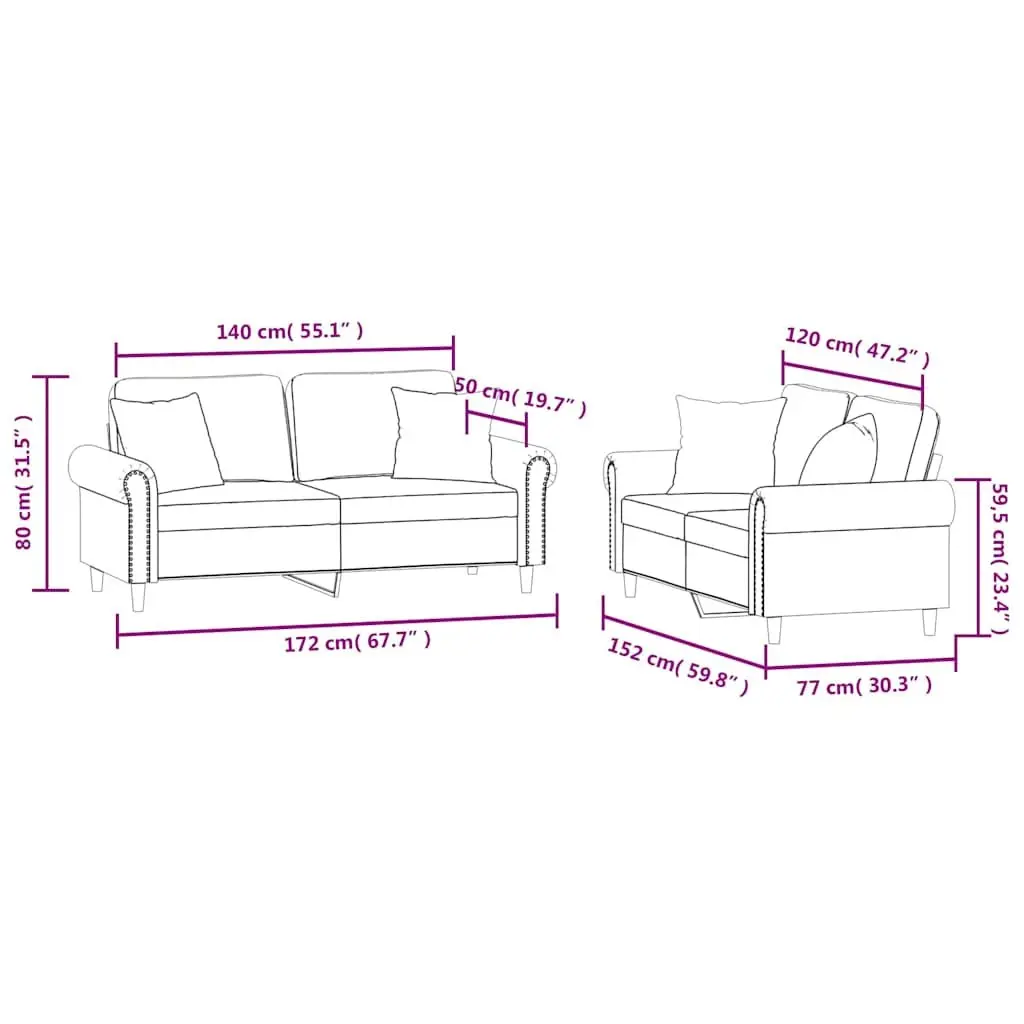 Black Velvet Couch Set 2 Piece Living Room Furniture Soft Upholstery with Throw Pillows