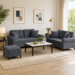 Inviting 3 Piece Grey Velvet Sofa Set with Pillows
