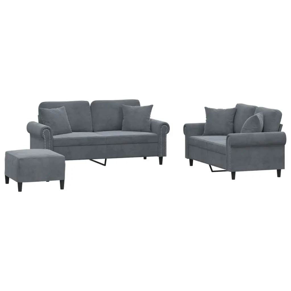 Grey Velvet Couch Set 3 Piece Soft Upholstery Living Room Furniture with Pillows and Footstool