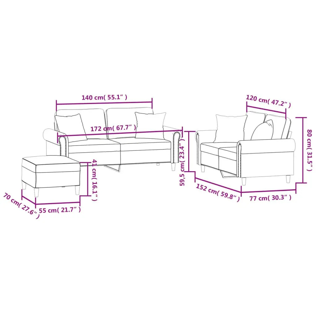 Grey Velvet Couch Set 3 Piece Soft Upholstery Living Room Furniture with Pillows and Footstool