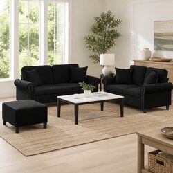 Black Velvet 3 Piece Sofa Set with Pillows and Footstool