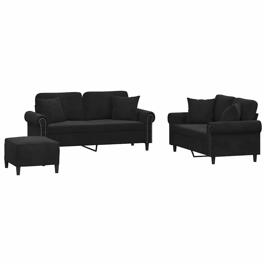 3 Piece Sofa Set Black Velvet Couch with Throw Pillows Footstool