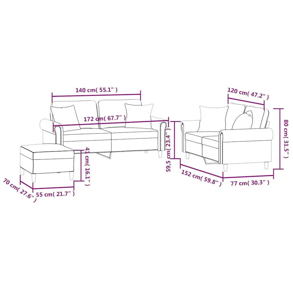 3 Piece Sofa Set Black Velvet Couch with Throw Pillows Footstool