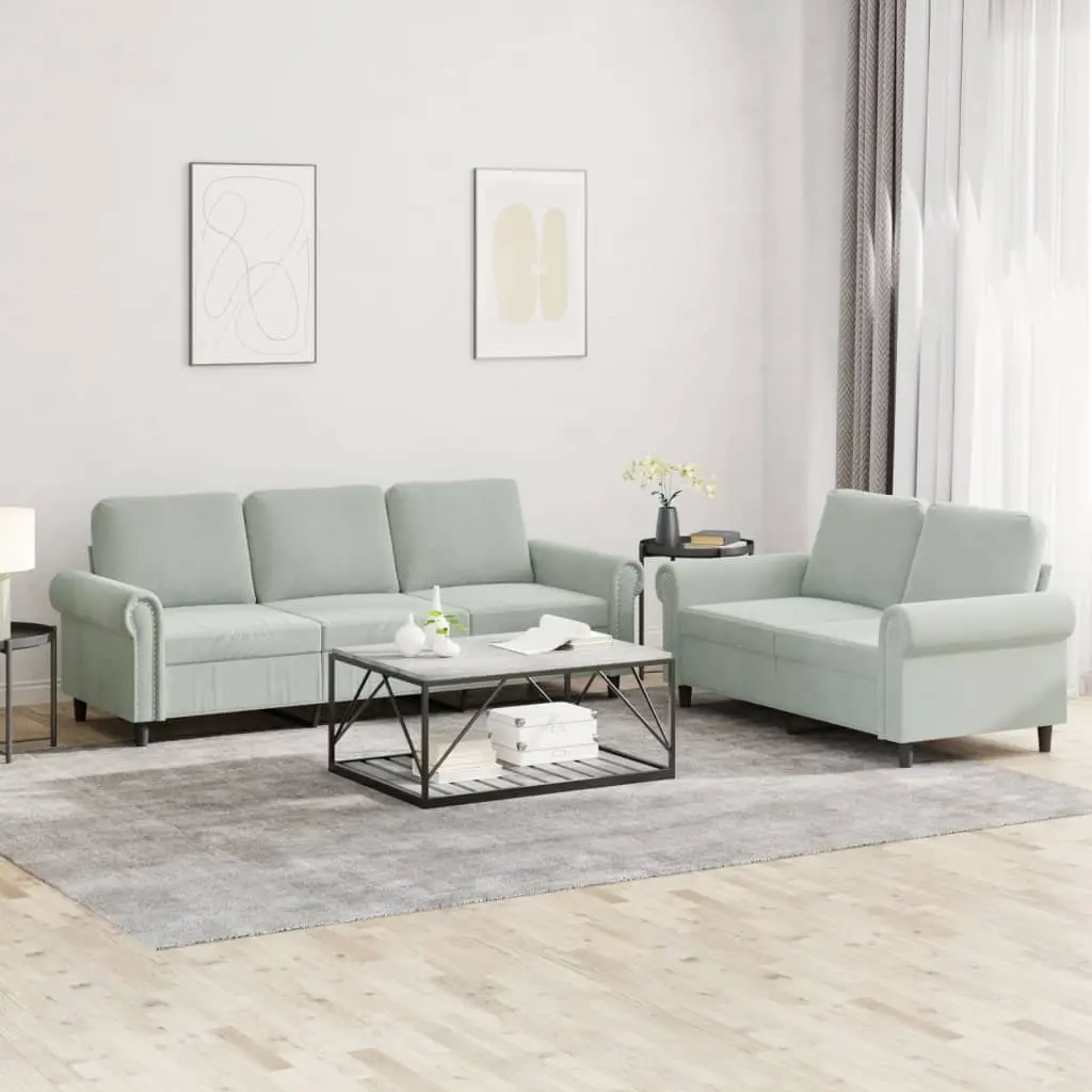 Sofa Set Grey Velvet 2 Piece Plywood and Metal Frame