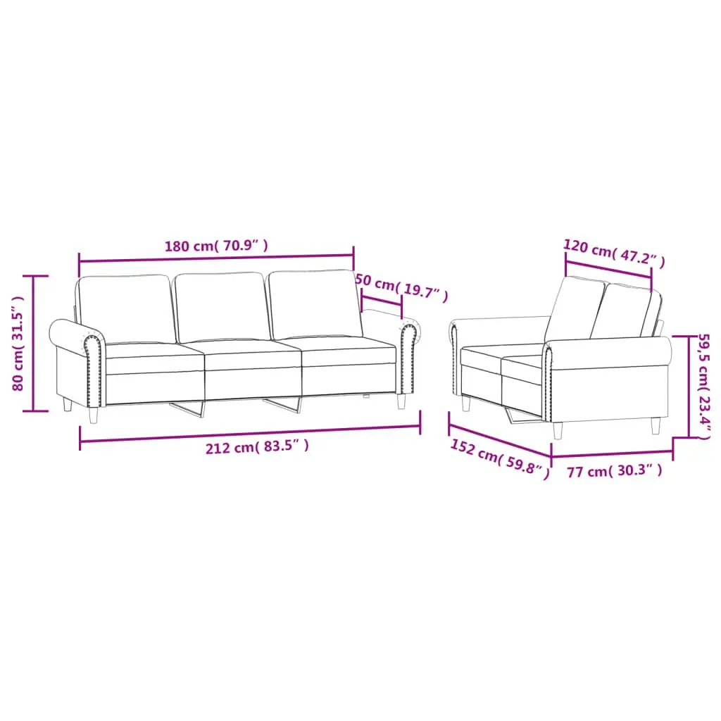 Sofa Set Grey Velvet 2 Piece Plywood and Metal Frame