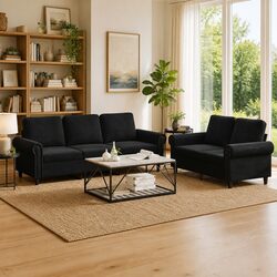 Cozy 2 Piece Black Velvet Sofa Set for Living Rooms