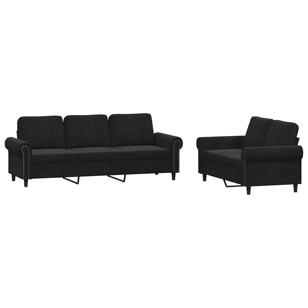 Sofa Set Black Velvet 2 Piece Living Room Furniture Couch