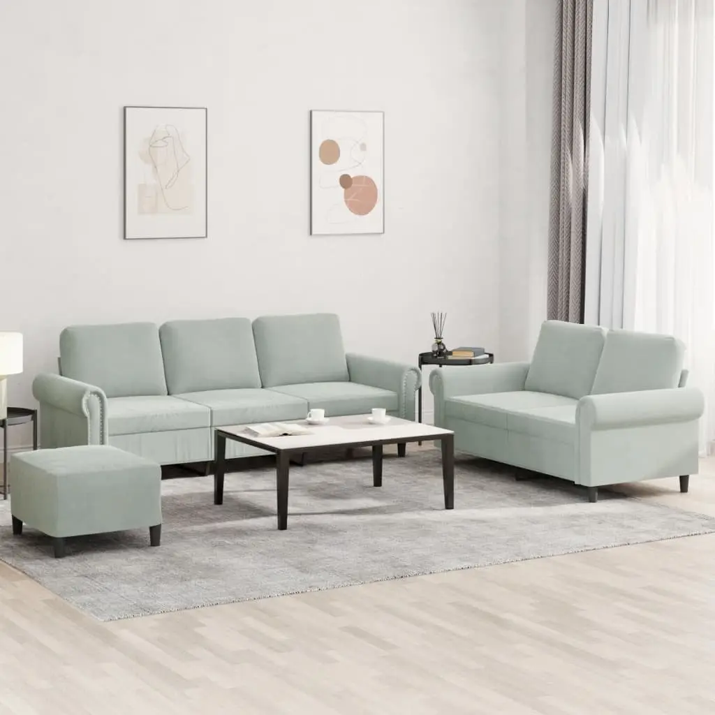 3 Piece Sofa Set Grey Velvet Lounge Suite with Cushions and Footstool
