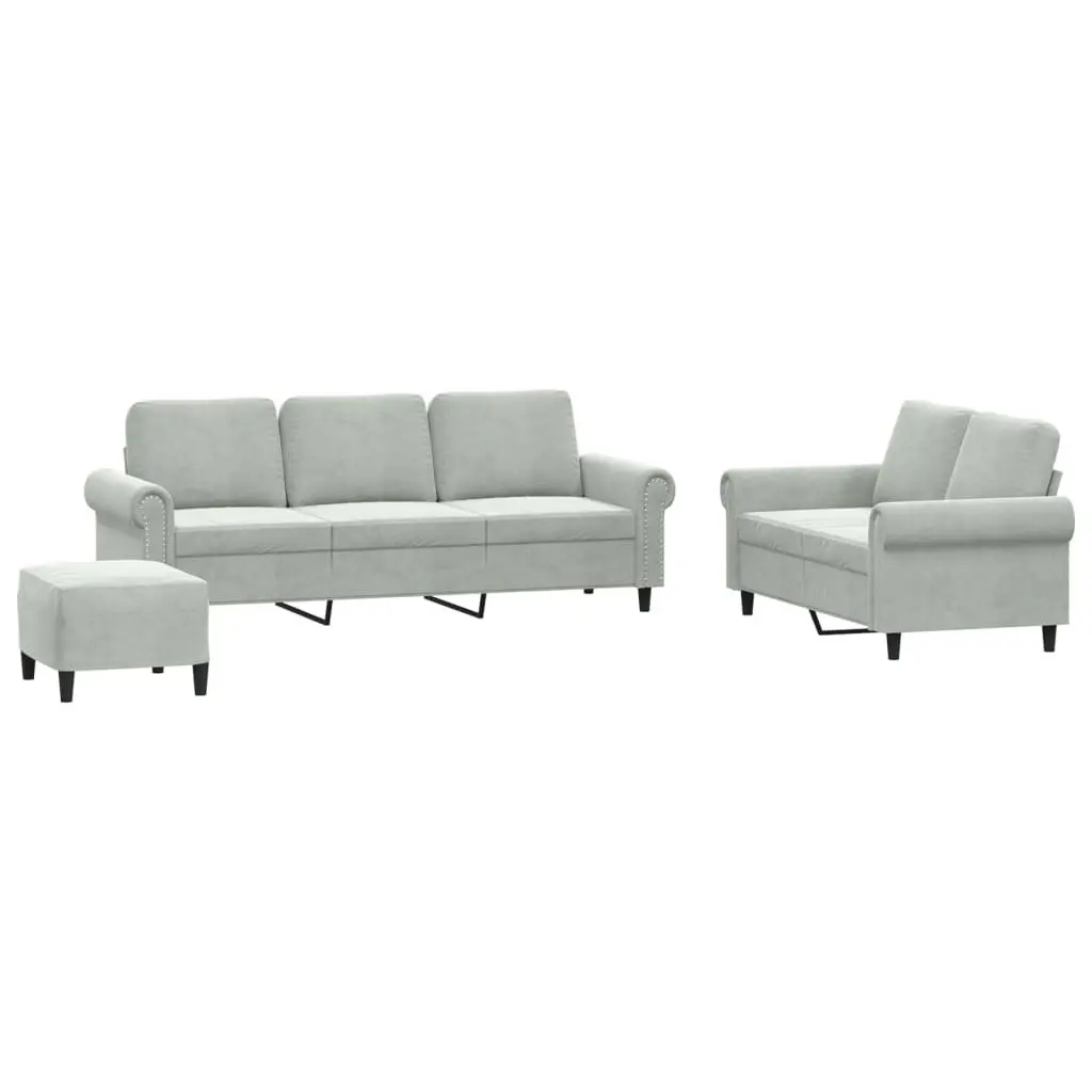 3 Piece Sofa Set Grey Velvet Lounge Suite with Cushions and Footstool