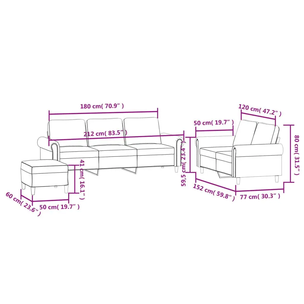 3 Piece Sofa Set Grey Velvet Lounge Suite with Cushions and Footstool