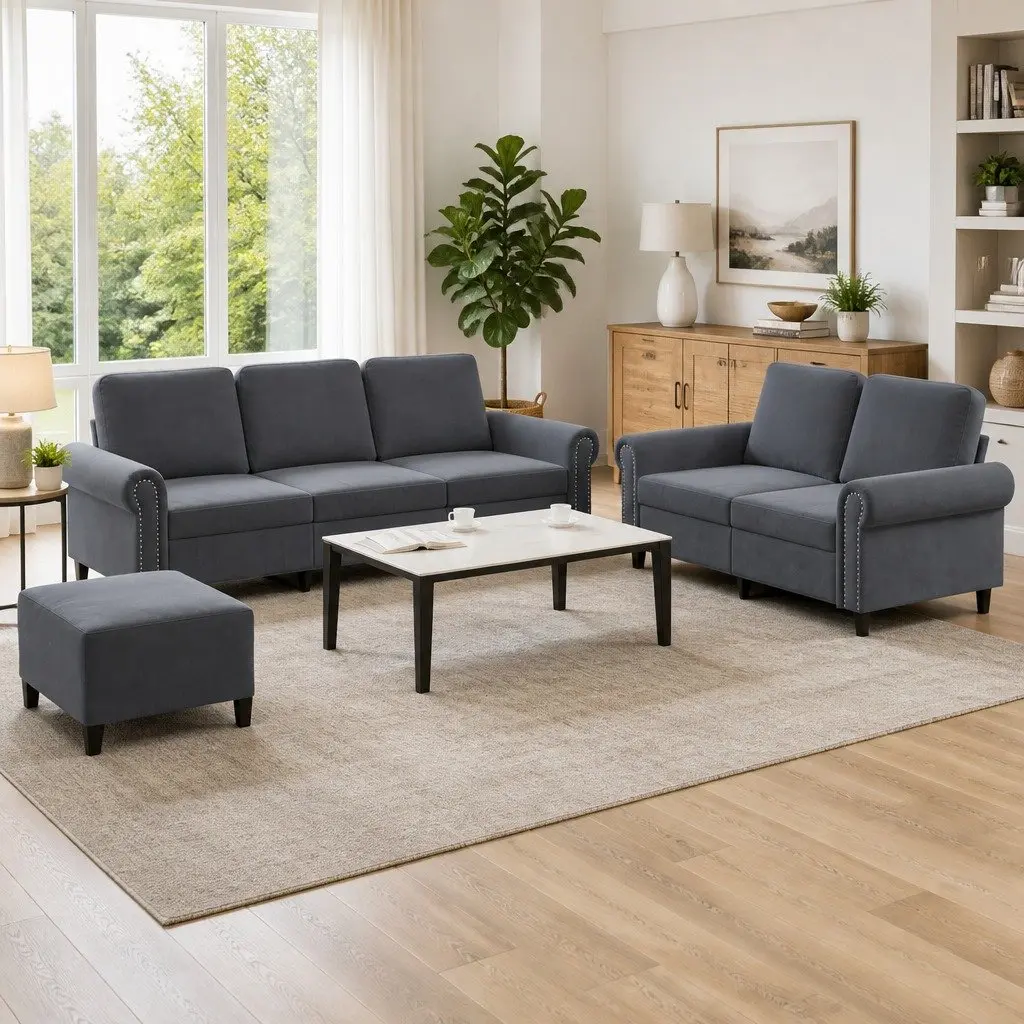 3 Piece Sofa Set with Footstool Grey Velvet Lounge Suite Living Room Furniture