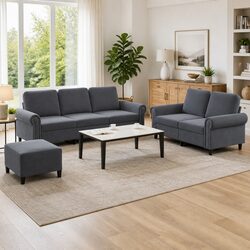 Cozy 3 Piece Grey Velvet Sofa Set with Footstool