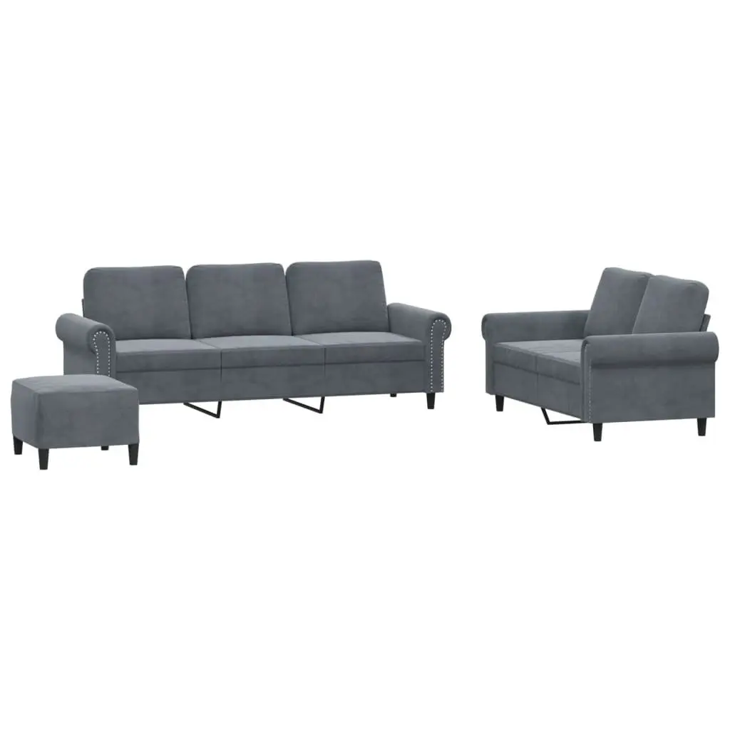 3 Piece Sofa Set with Footstool Grey Velvet Lounge Suite Living Room Furniture