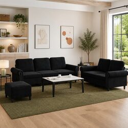 Black Velvet 3 Piece Sofa Set with Cushions