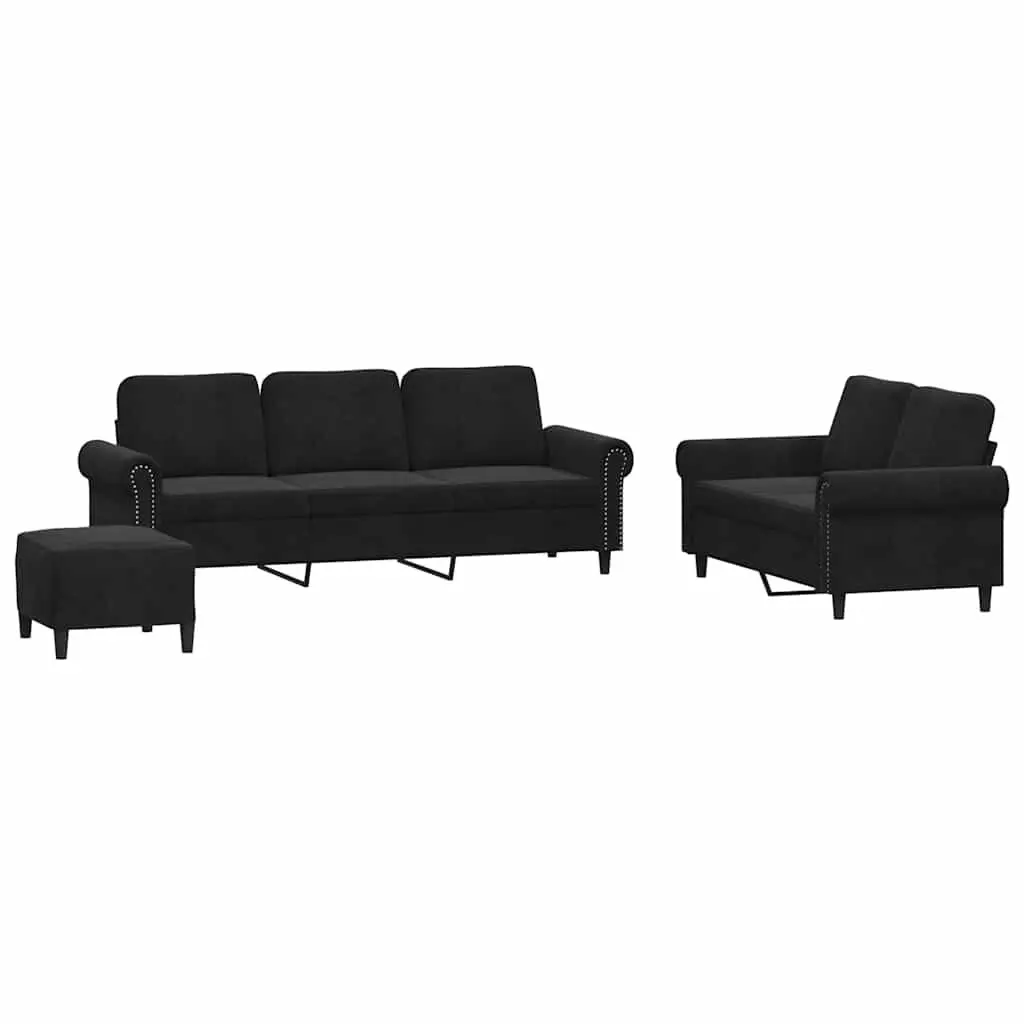 3 Piece Sofa Set Black Velvet Lounge Suite Armchair Footstool