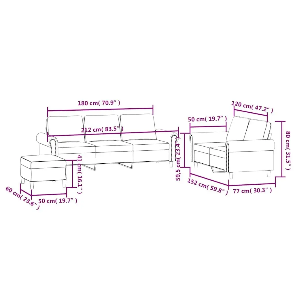 3 Piece Sofa Set Black Velvet Lounge Suite Armchair Footstool