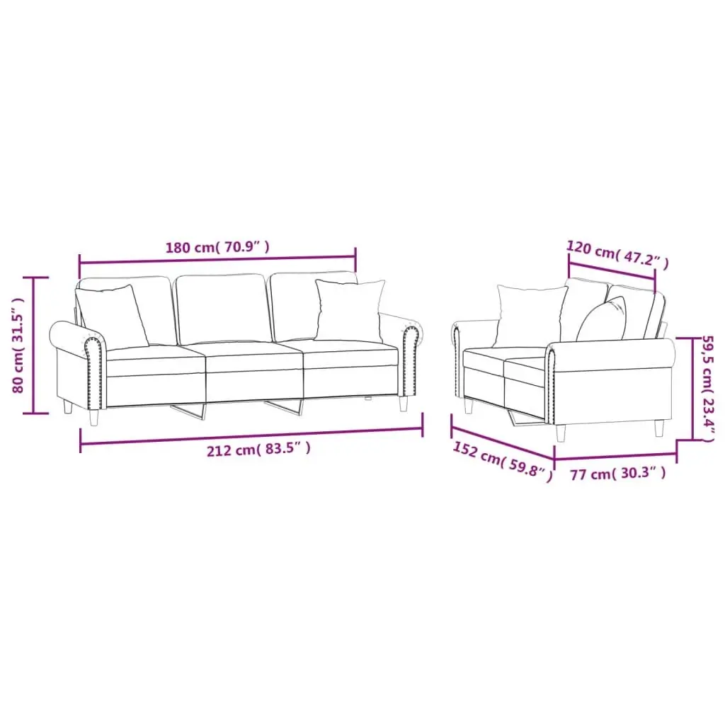 2 Piece Sofa Set Grey Velvet Couch Living Room Furniture