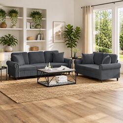 Cozy 2 Piece Sofa Set with Pillows in Grey Velvet