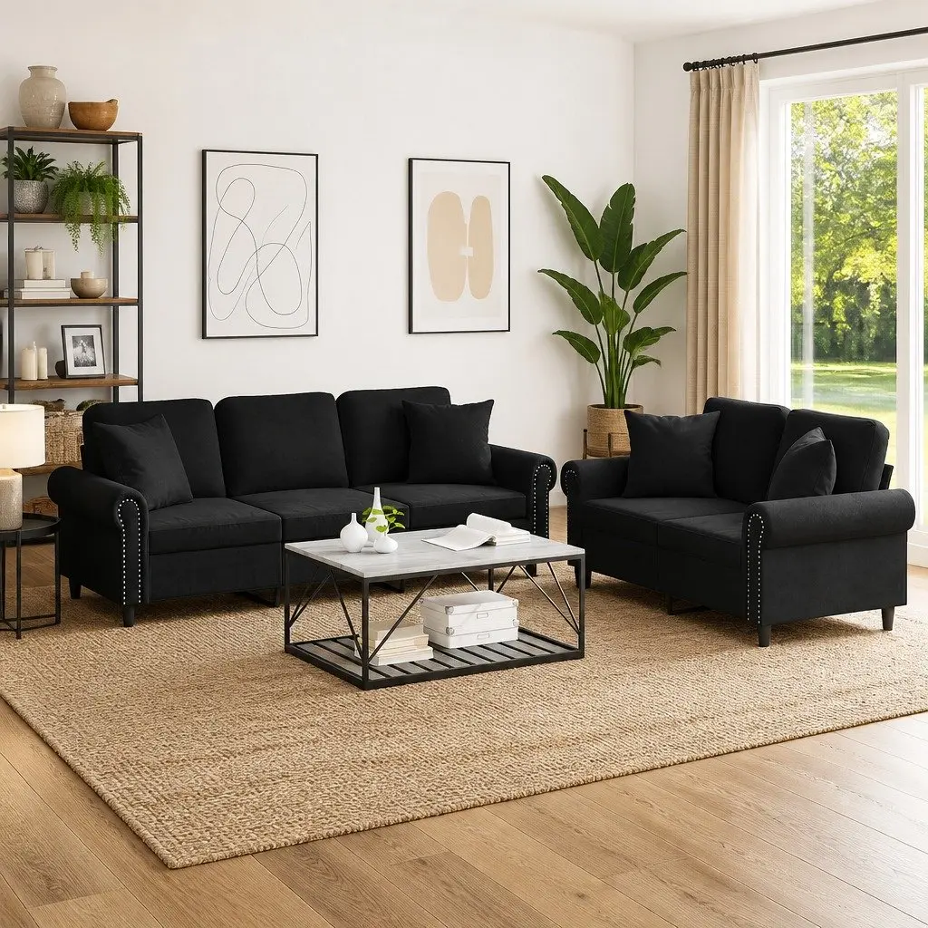 Sofa Set Black Velvet 2 Piece Living Room Furniture Couch