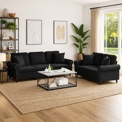 Cozy Black Velvet 2 Piece Sofa Set with Pillows