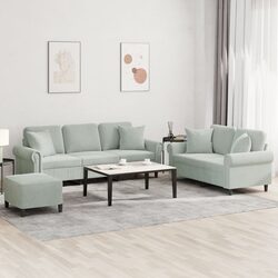 3 Piece Sofa Set Grey Velvet Couch with Throw Pillows Footstool Living Room