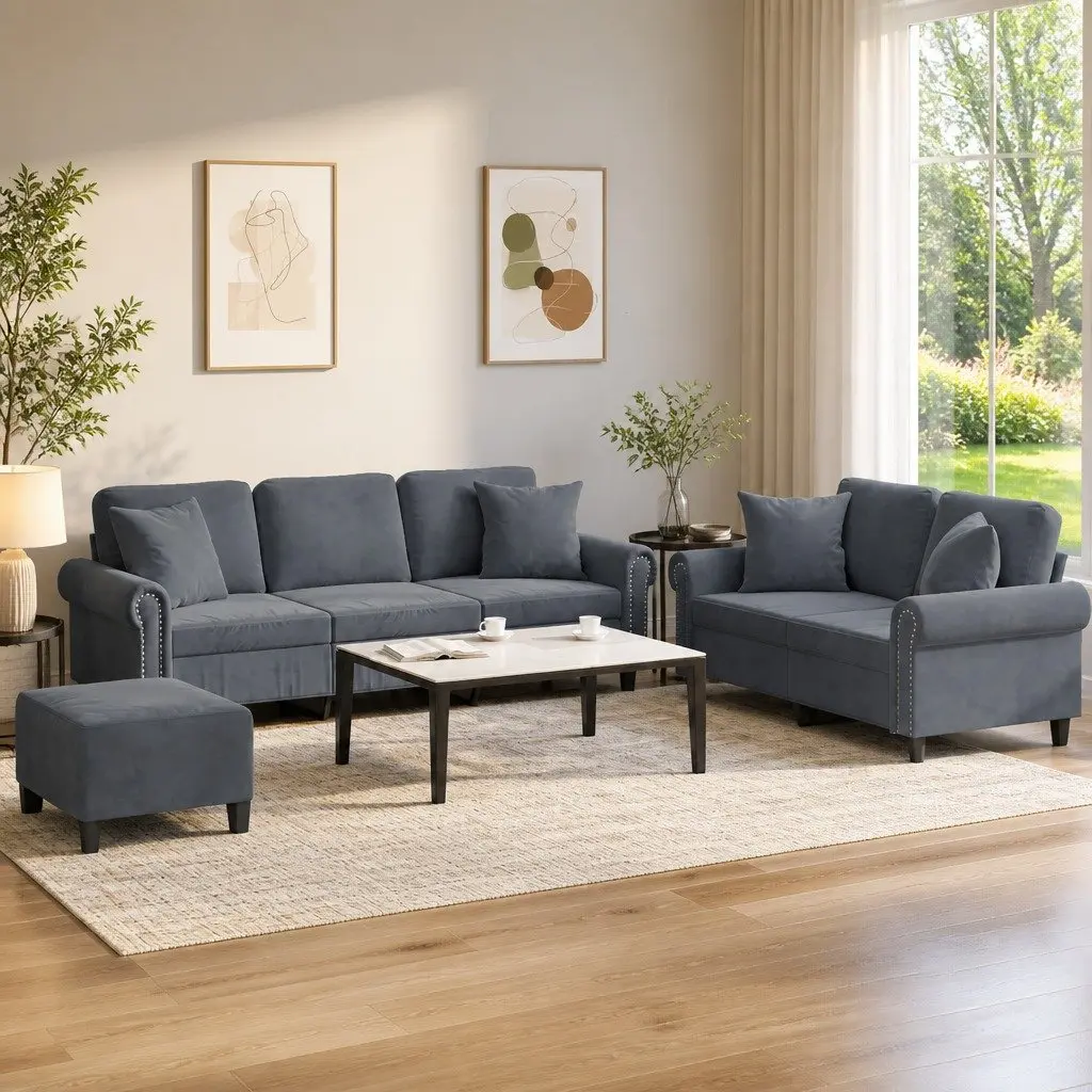 3 Piece Sofa Set Grey Velvet Upholstery Living Room Furniture