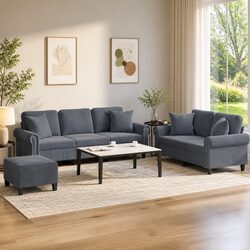 Grey Velvet 3 Piece Sofa Set with Footstool & Pillows