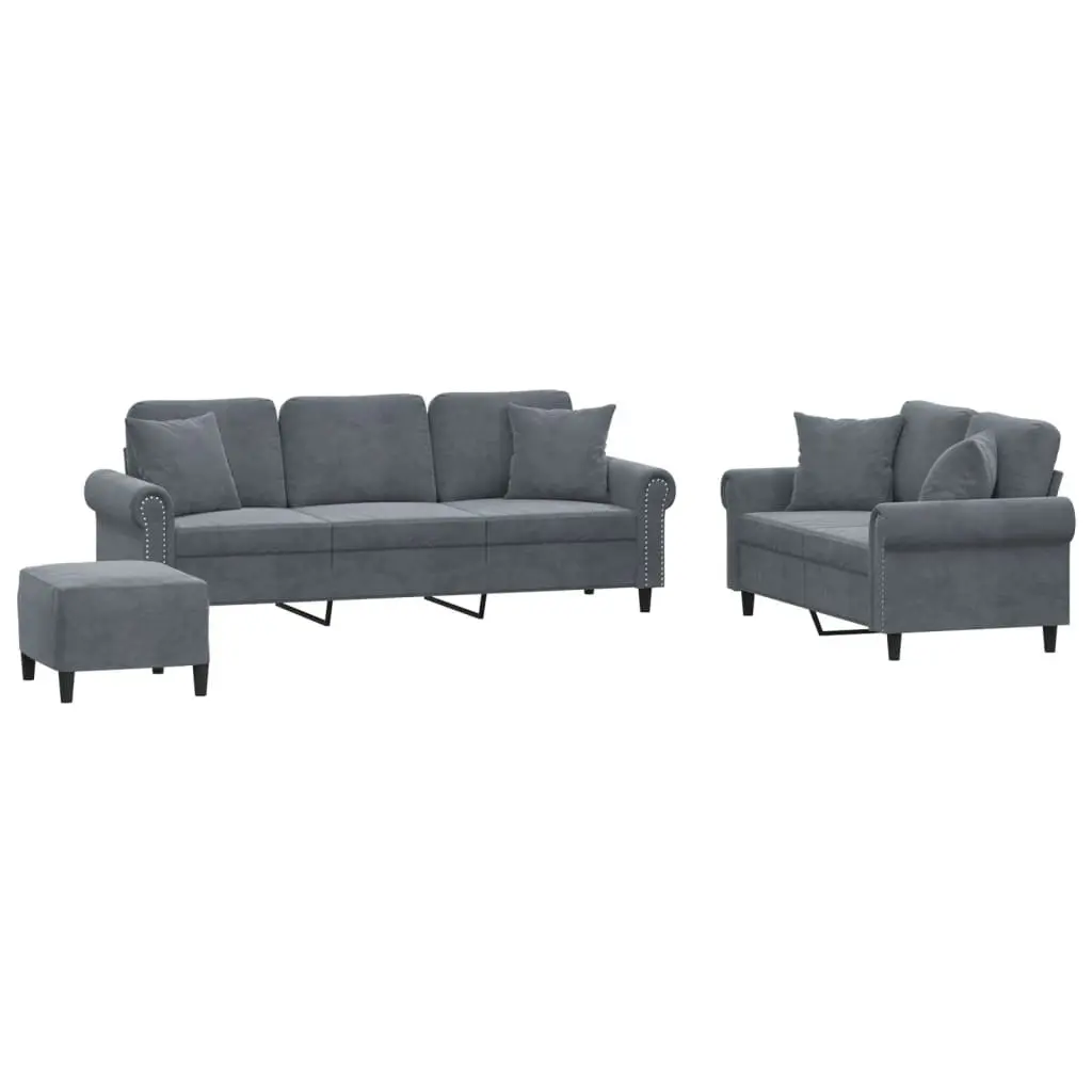 3 Piece Sofa Set Grey Velvet Upholstery Living Room Furniture
