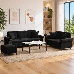 Elegant 3 Piece Black Velvet Sofa Set with Pillows